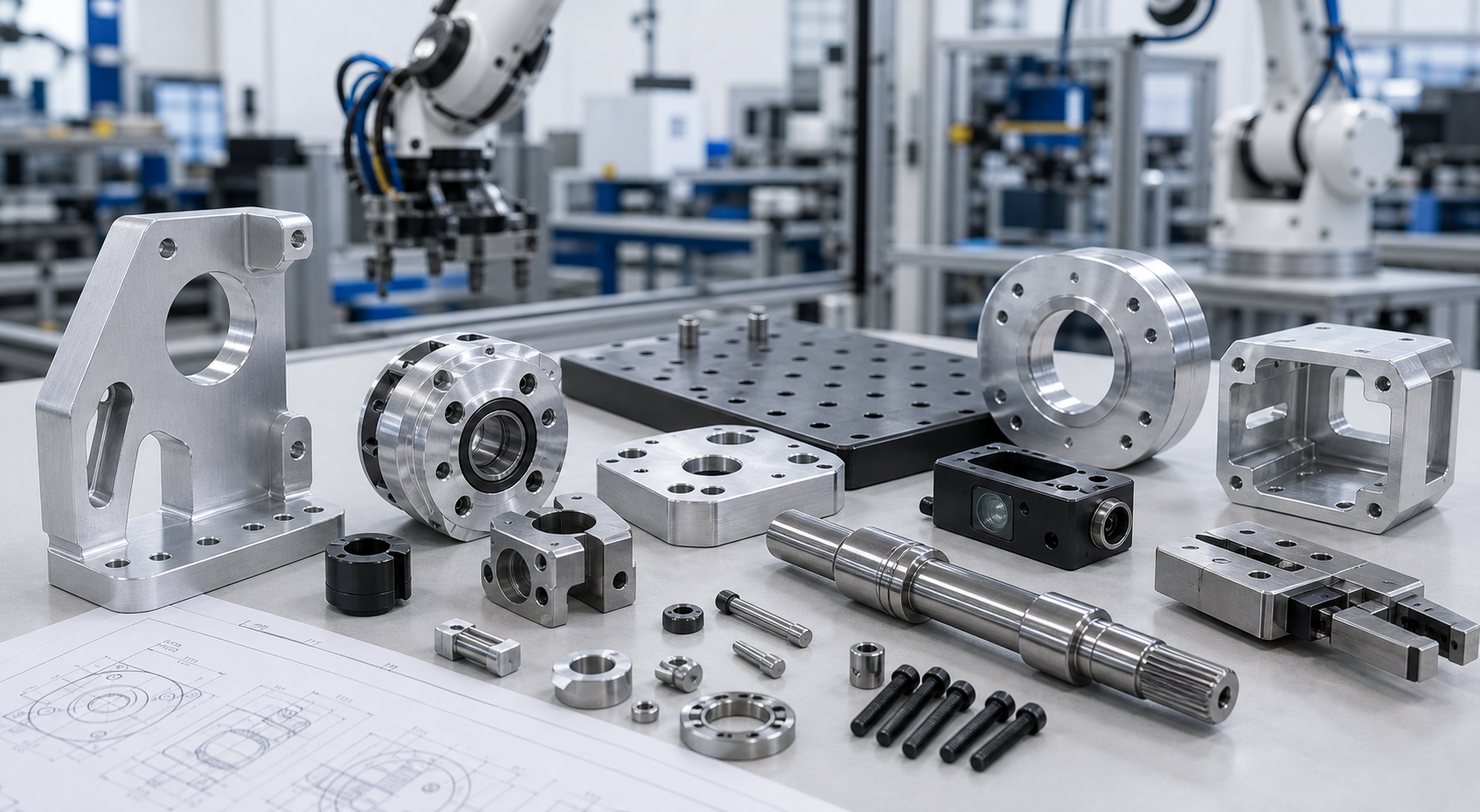 Robotics and automation machined parts including end effector brackets, housings, shafts and fixture plates for engineering review