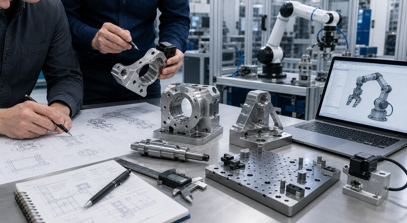Precision machined robotic components beside assembly drawings, tolerance notes and automation hardware