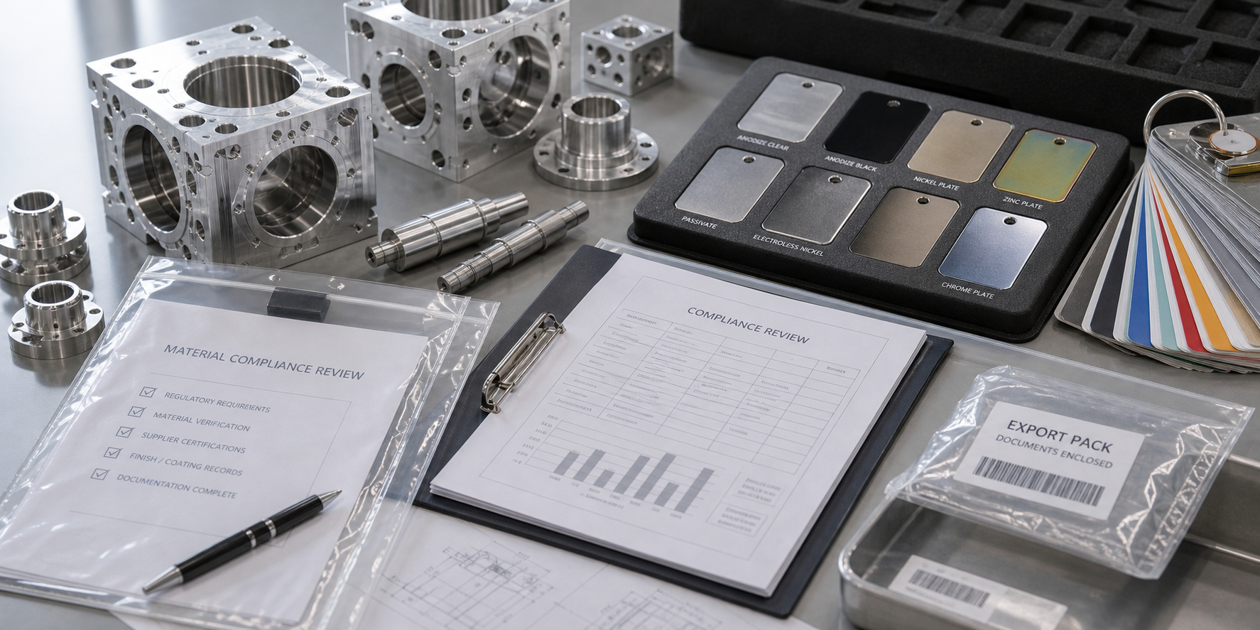 Machined metal parts with compliance review paperwork, finish samples and export document package for RoHS and REACH support