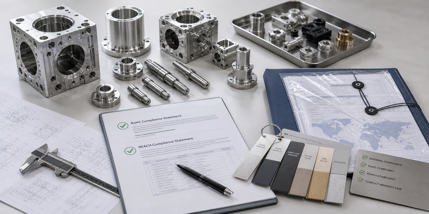 Machined metal components with RoHS and REACH statement paperwork, finish swatches and export-ready folder