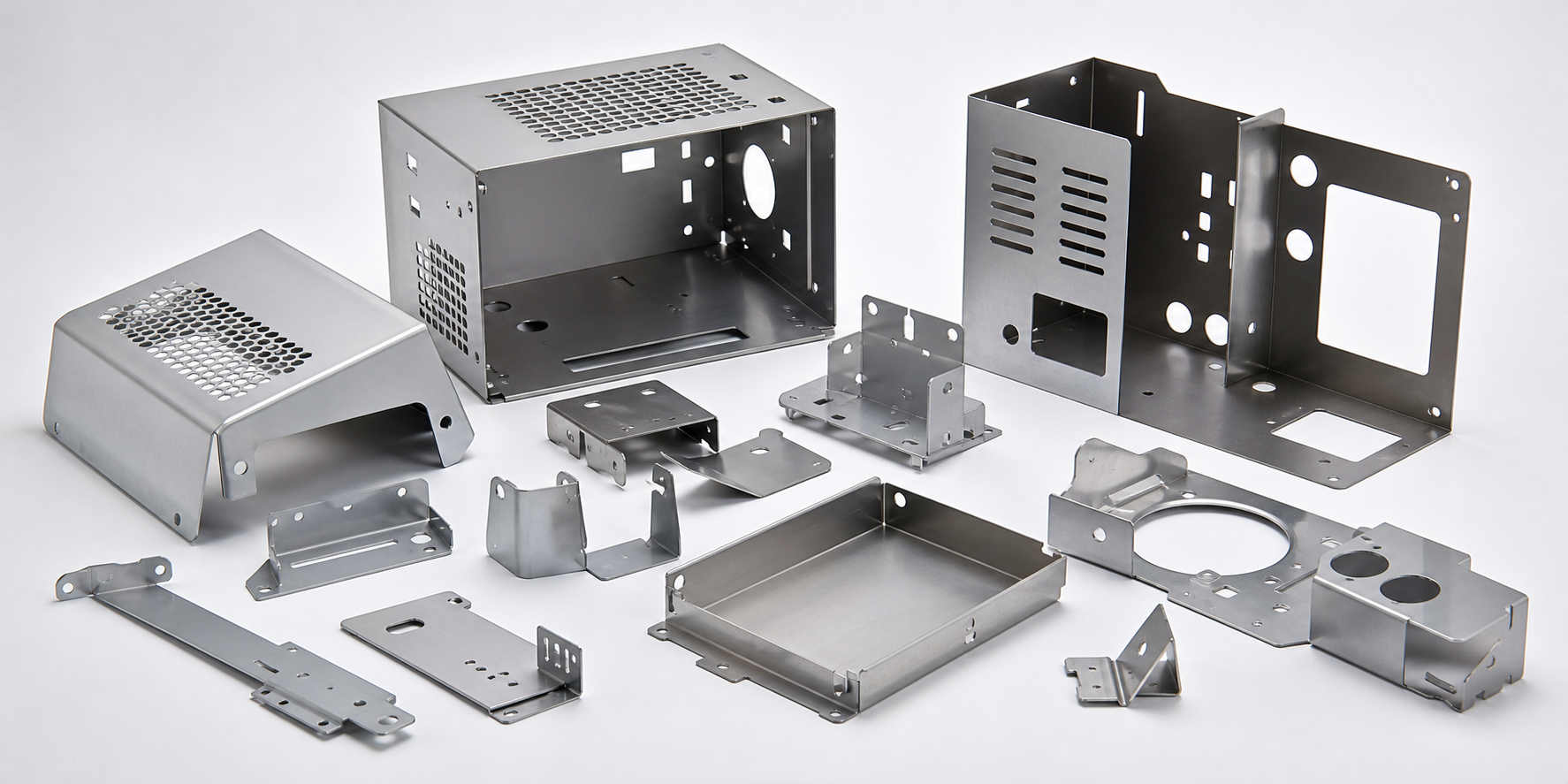 formed aluminum and stainless steel sheet metal parts with visible bends and mounting flanges