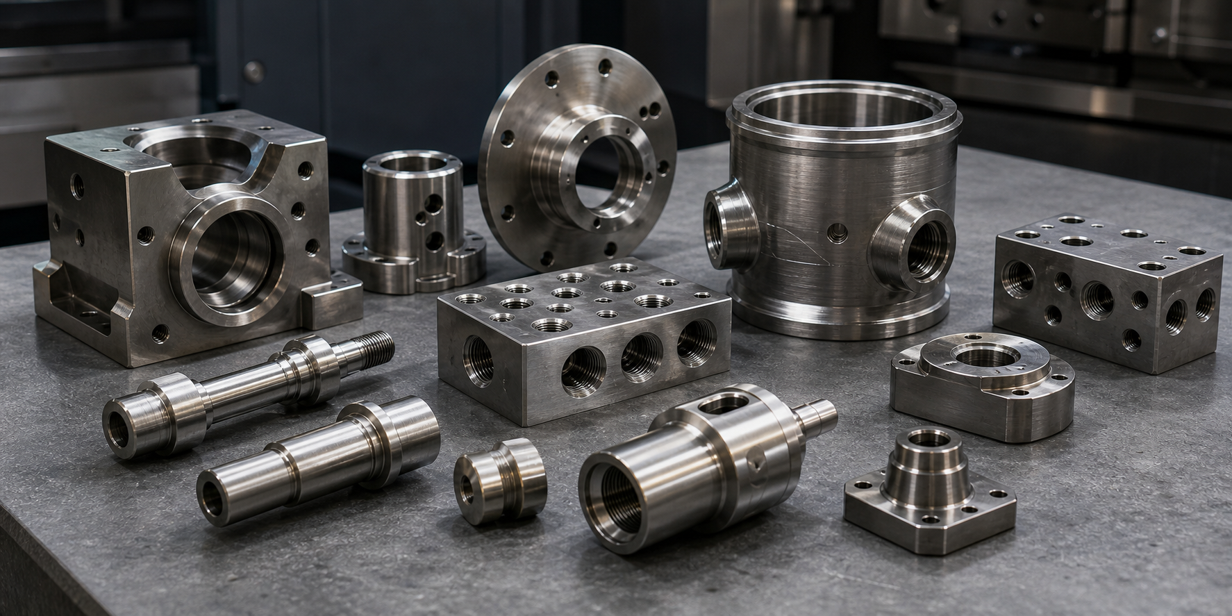 Specialty alloy machining hero CNC machined Inconel nickel alloy valve bodies flanges and shafts on an inspection bench