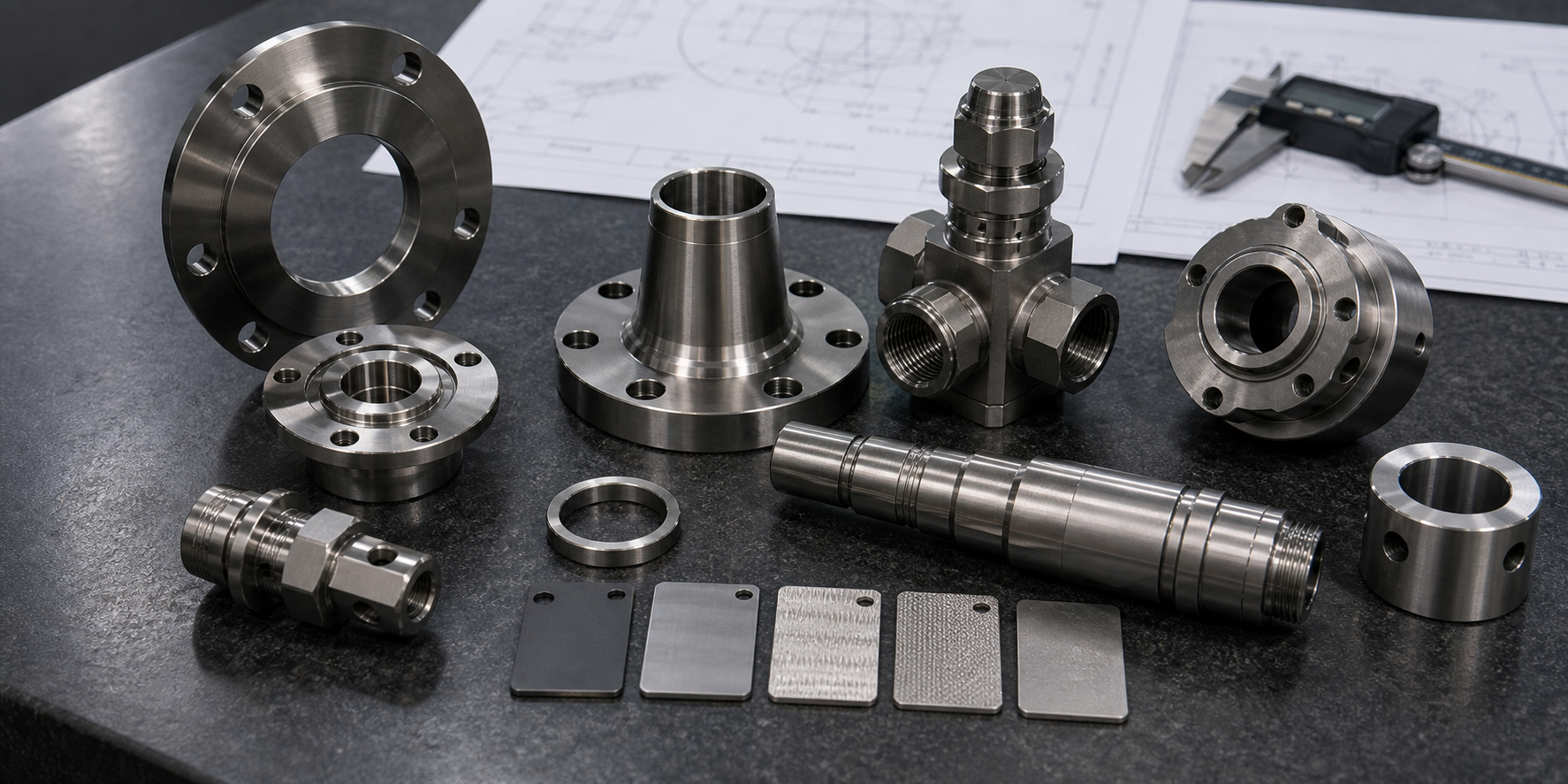 Specialty alloy machining support image Specialty alloy machined components with corrosion-resistant and heat-resistant part samples on an inspection bench