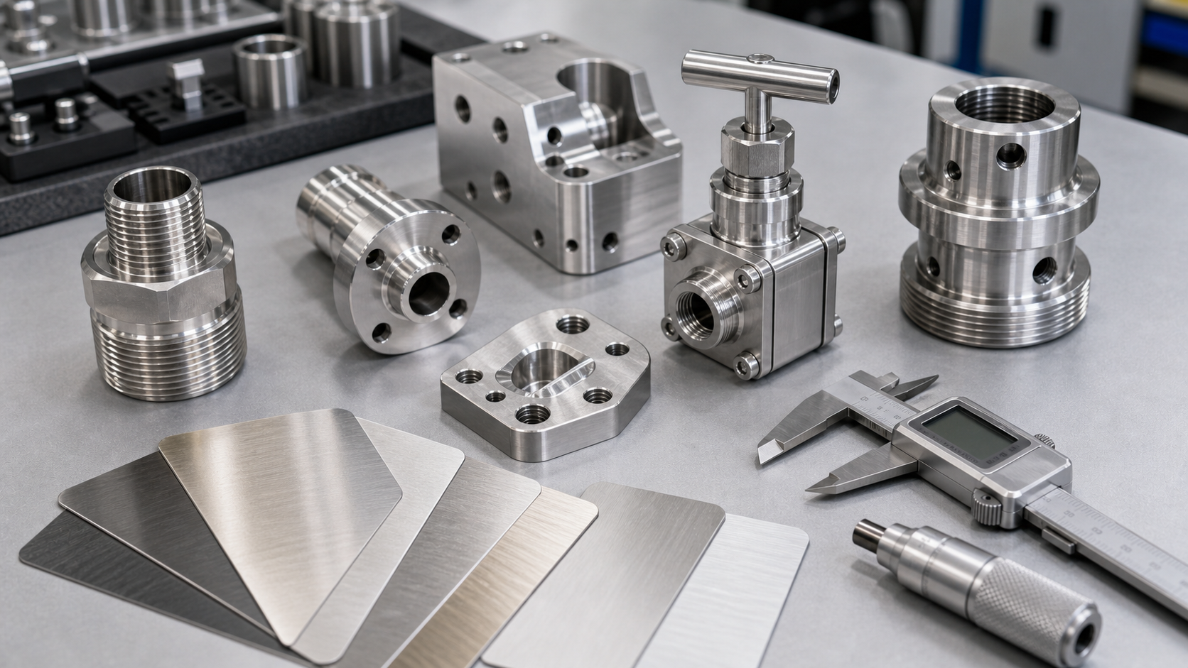 Machined stainless steel fittings sample coupons and caliper on an inspection bench