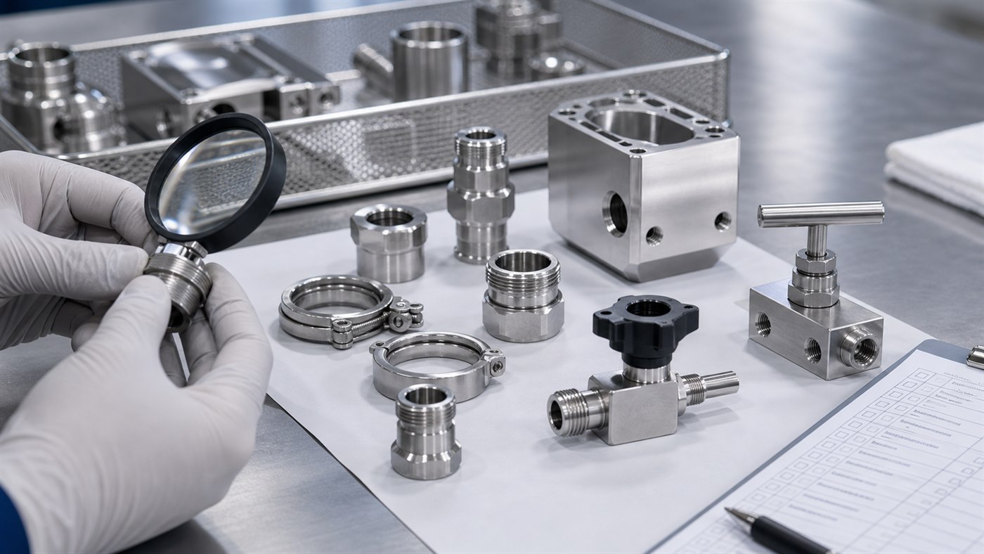stainless-steel-passivation-ai-support.jpg Inspection review of passivated stainless steel fittings valves fasteners and machined hardware on a clean technical table