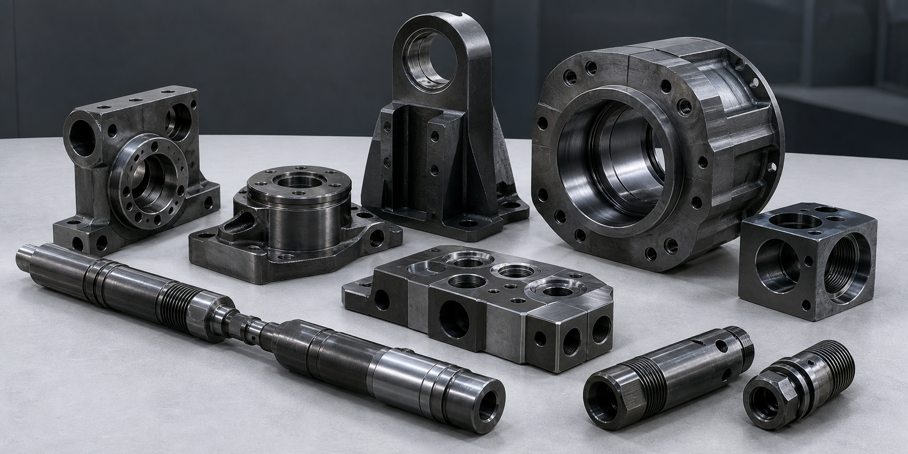 Machined carbon steel shafts brackets housings and fixtures prepared for CNC quote review