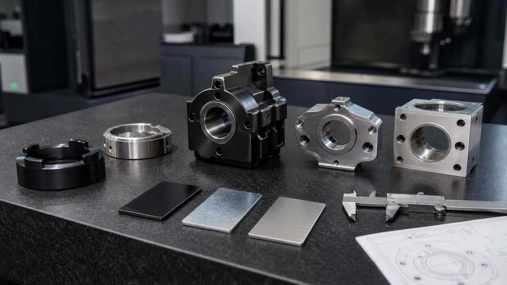 Alloy steel machined components with black oxide and plated finish samples on an inspection bench