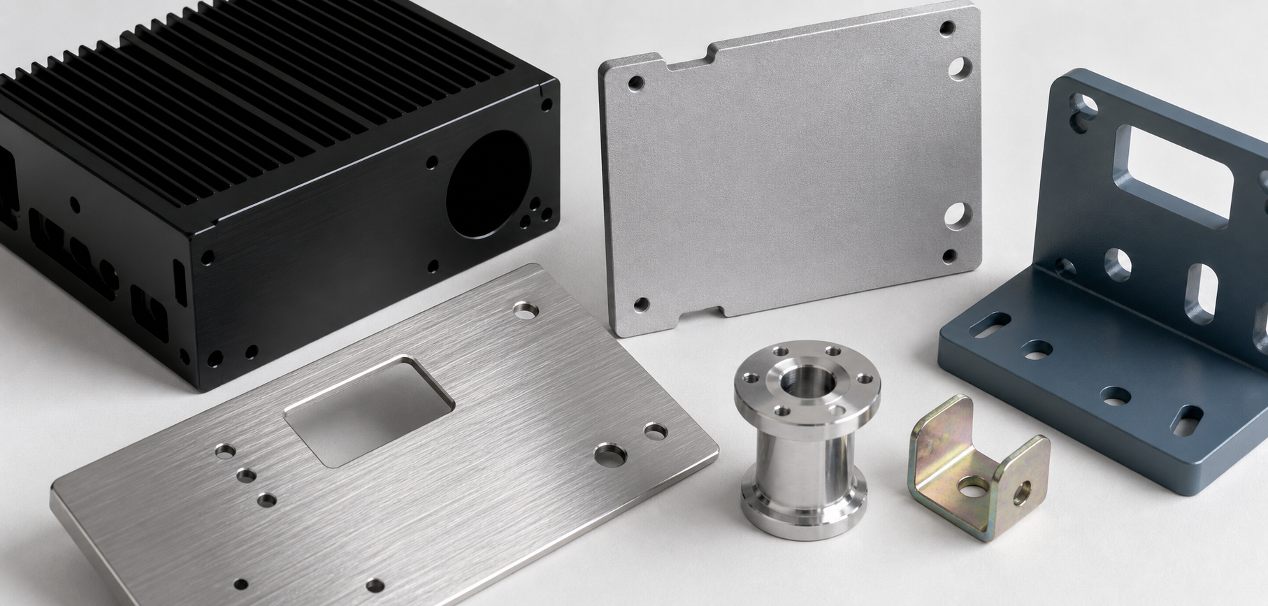 surface-finish-comparison-hero.png Machined metal sample parts arranged by anodized, bead blasted, brushed and coated finish types for comparison