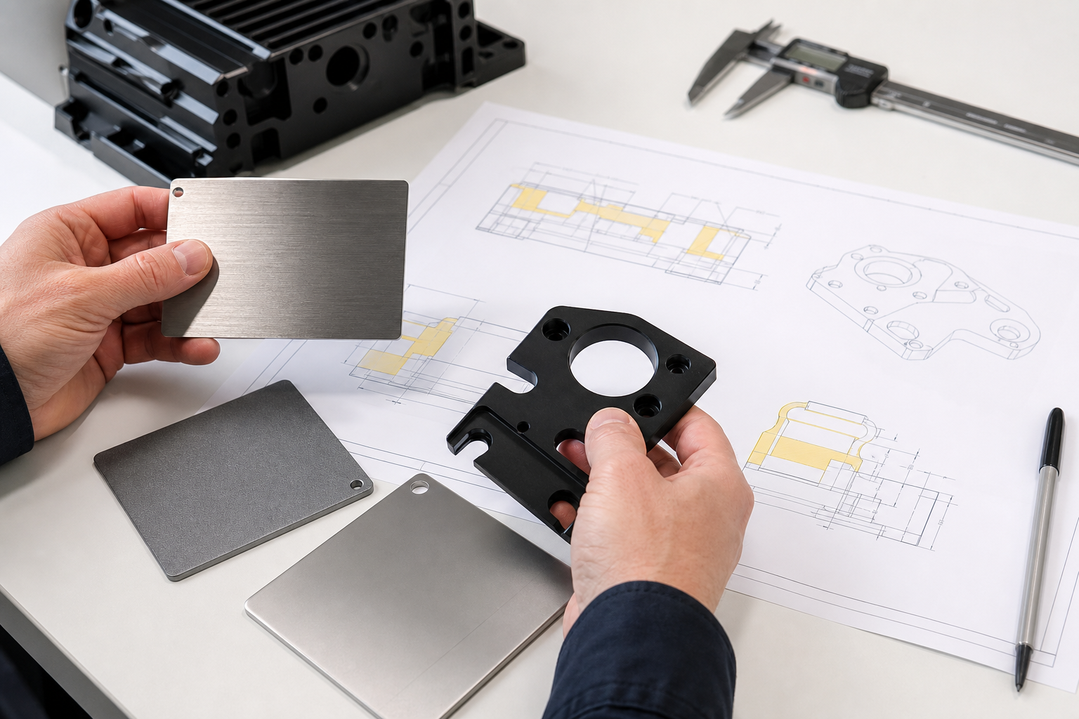 surface-finish-comparison-support.png Engineer reviewing machined part finish samples beside a drawing with masking and critical surface notes