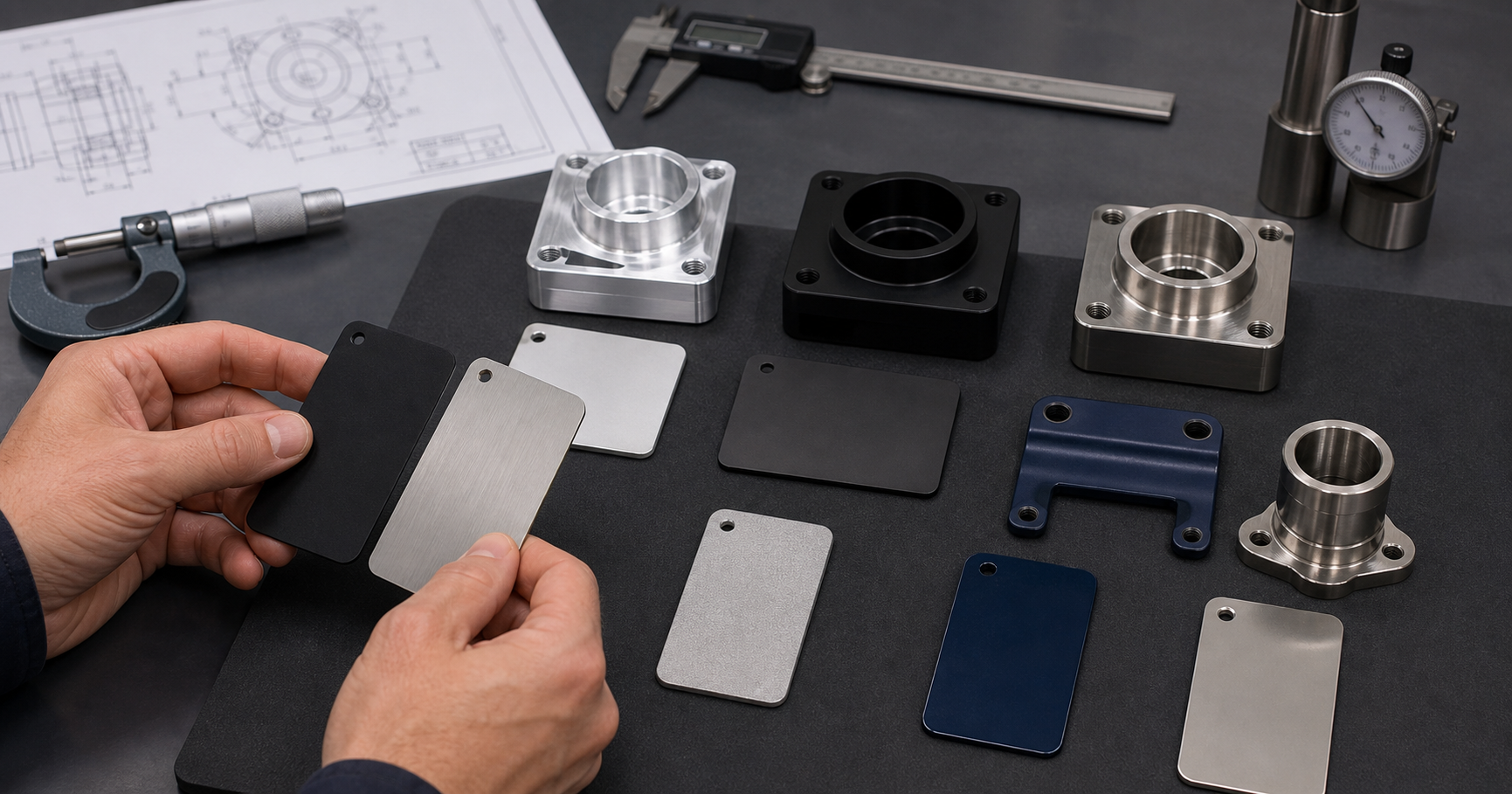 Engineer comparing anodized, bead blasted, brushed and coated metal finish samples beside machined parts and drawing notes