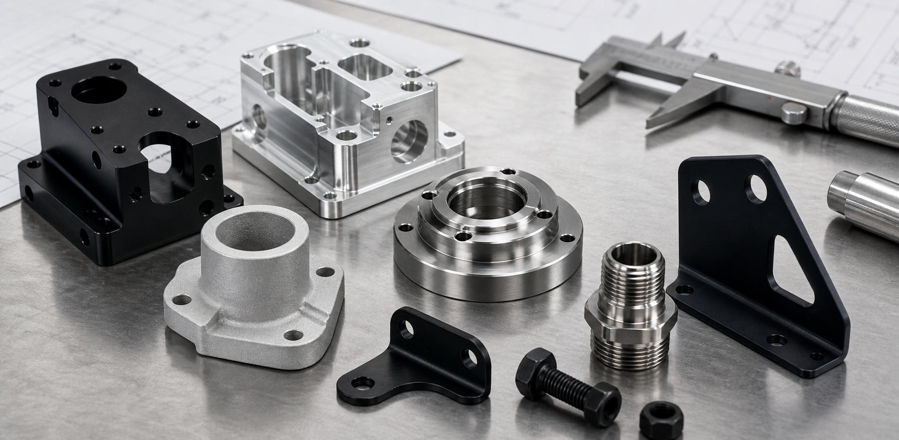 Machined metal parts in black anodized, bead blasted and brushed finishes arranged for finish selection review