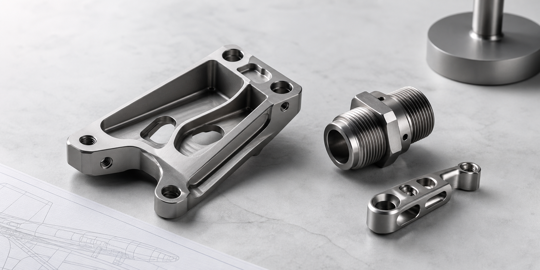 Titanium CNC Machining Hero CNC machined titanium aerospace medical and industrial components on an inspection surface