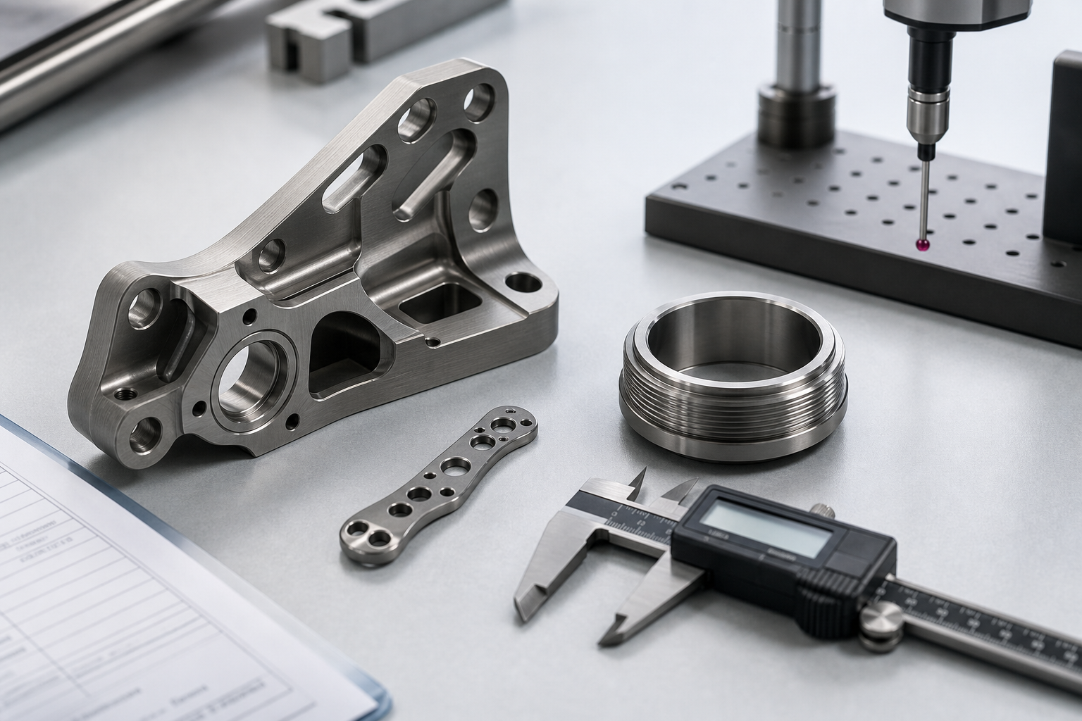 Titanium CNC Machining Support Machined titanium sample parts with caliper and inspection setup