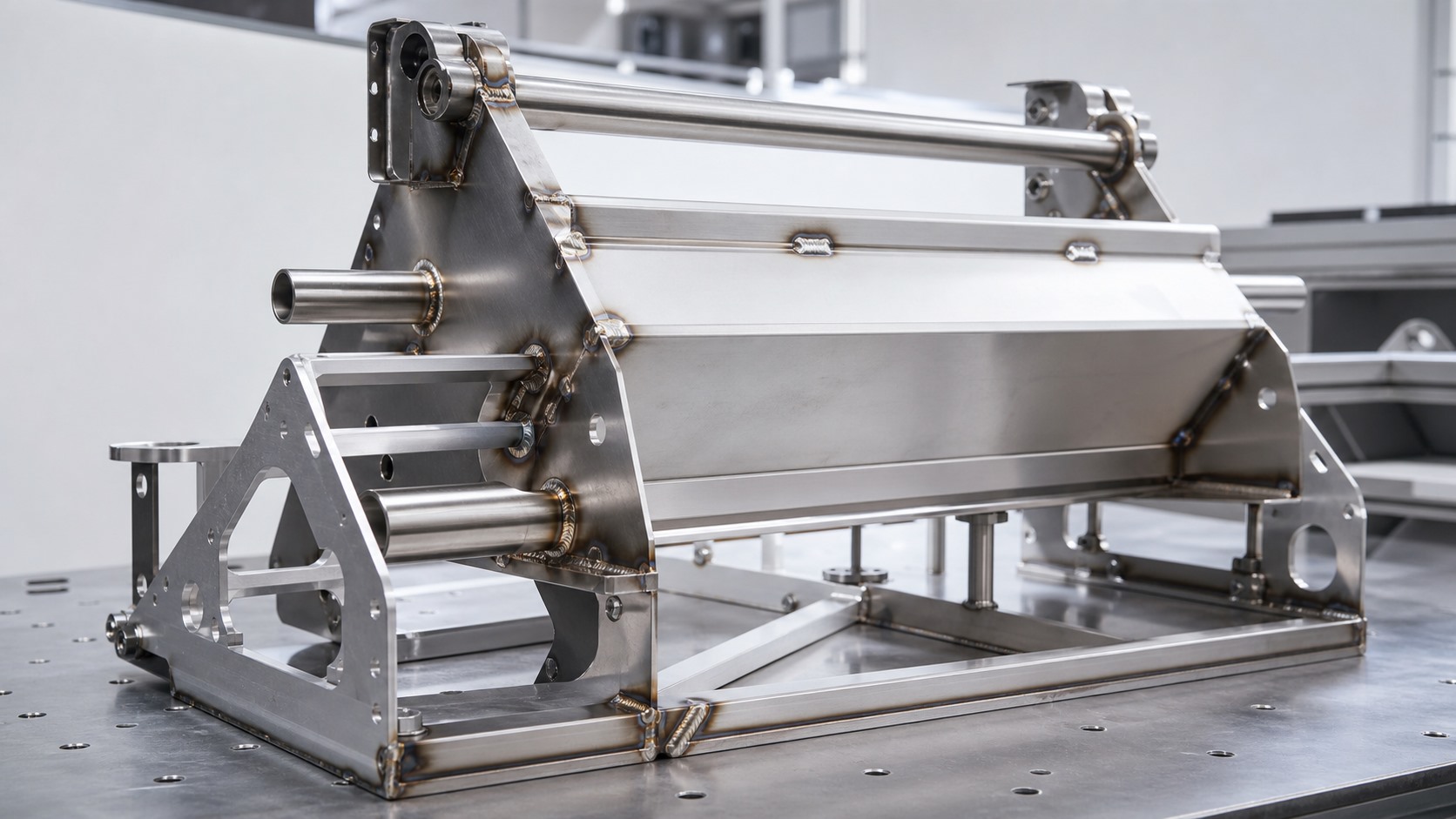 Welded stainless steel and aluminum mechanical assembly on a clean engineering bench