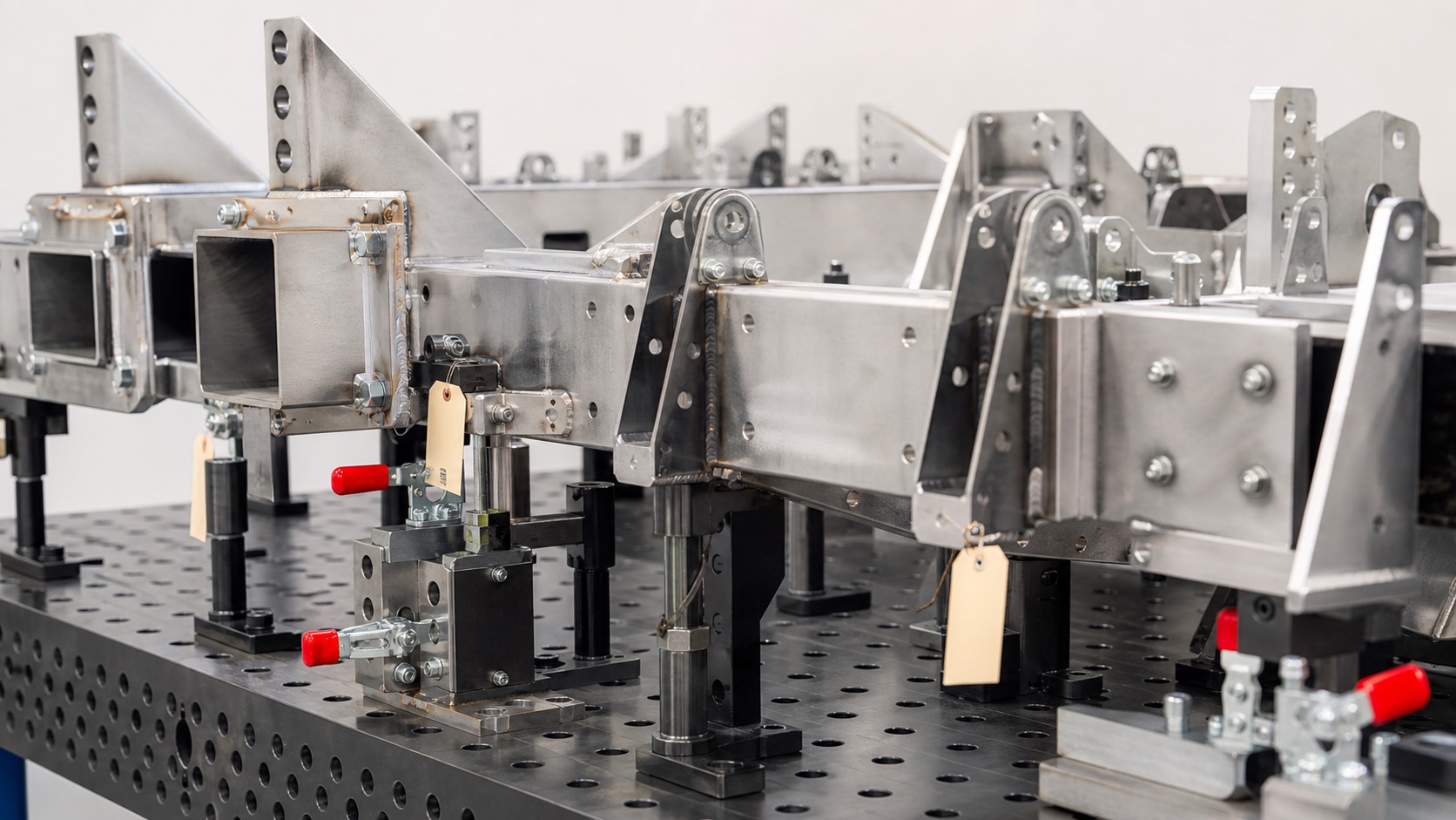 Fabricated steel subassembly in a fixture with clamps brackets and welded joints